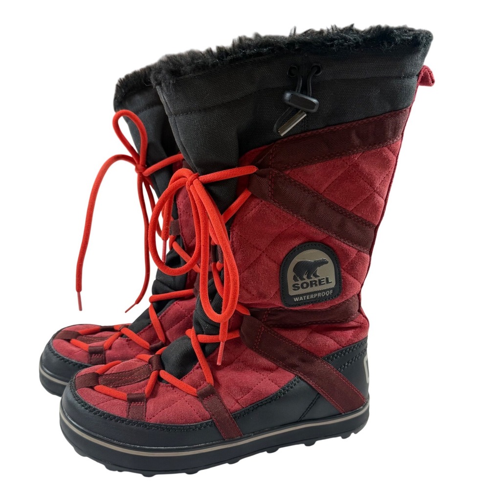 Sorel Glacy Explorer Tall Boots Red Black Suede Waterproof Faux Fur Trim Sz 9